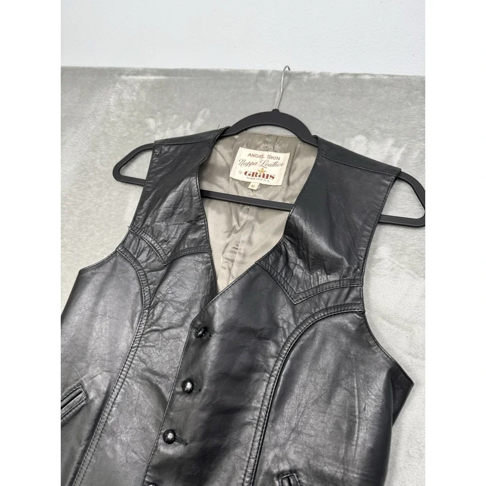 Vintage Grais Vest Mens Medium Black Angel Skin Leather Western Biker Moto 70s